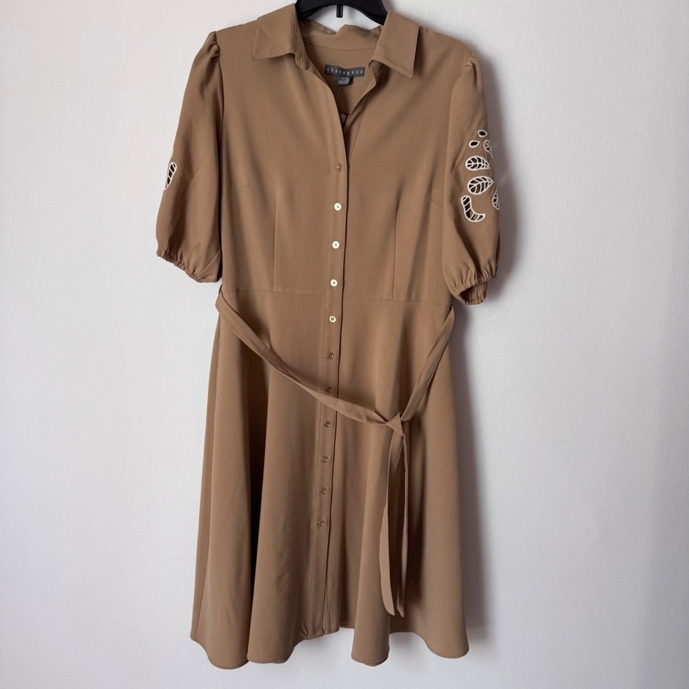 Sharagano Womens 10 Shirt Dress Eyelet Sleeve Tan Belted NWT